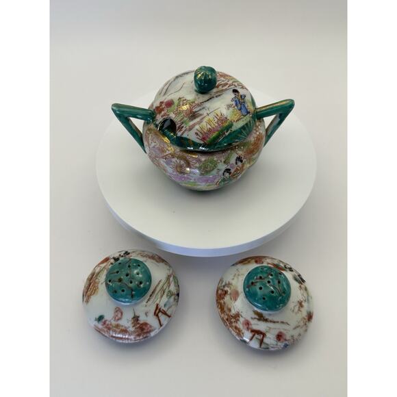 Vintage Geisha Girl Sugar Bowl and S & P Porcelian Green Handles Japan - Picture 3 of 10
